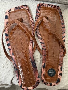 Coco + Carmen Brown Faux-Croc Flip Flops with Leopard Trim